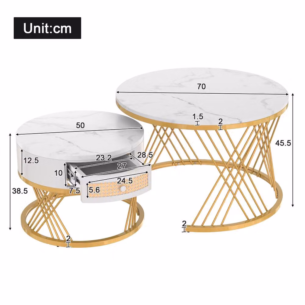 Rolipo White and Gold 2-in-1 Round Nesting Coffee Tables with Marble Pattern – 3