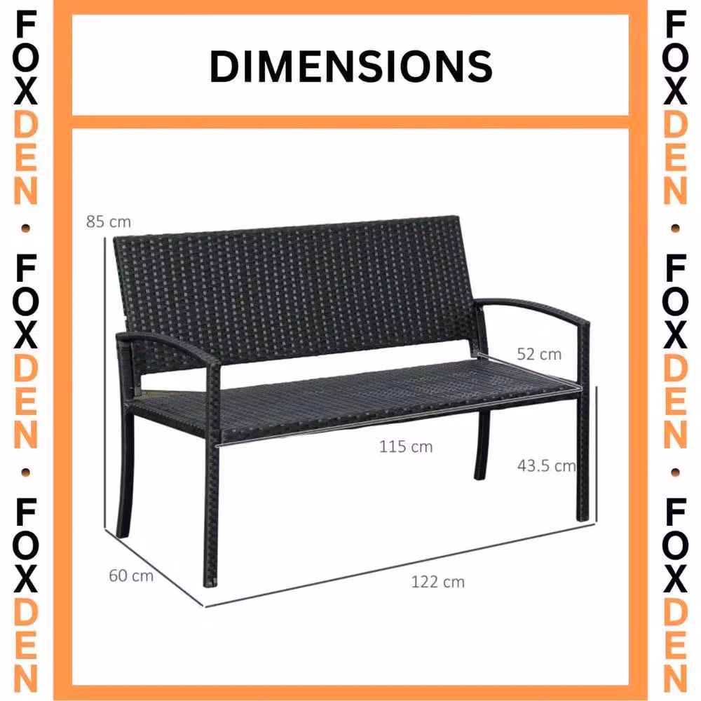 FLAVORA Black 2 Seater Rattan Garden Bench with Armrests and Cushions – 6
