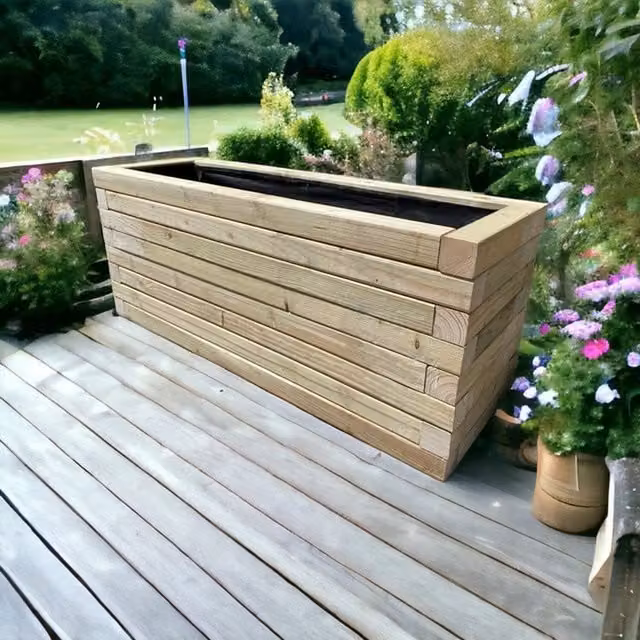 Bespoke Outdoor Wooden Timber Planter Tub in Brown and Yellow, Width: 150 cm