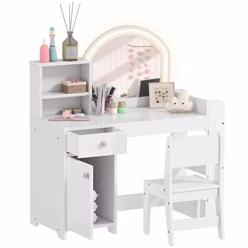 AIYAPLAY Kids Dressing Table with Mirror and Stool, White