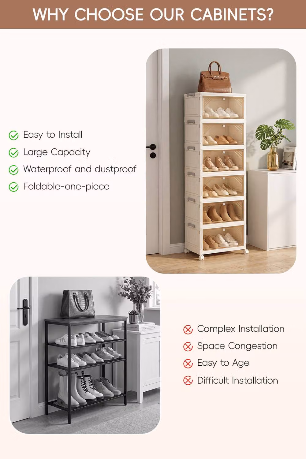 Living and Home 6-Tier Modern Shoe Cabinet in Beige with Transparent Glass Doors, W/D/H: 39 x 28 x 122 cm – 2