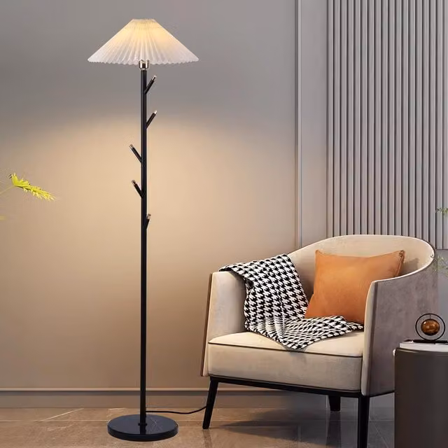 Garwarm Black and Gold Coat Rack Floor Lamp with Beige Pleated Fabric Shade, H 160.5 cm x W 40 cm x D 40 cm – 1