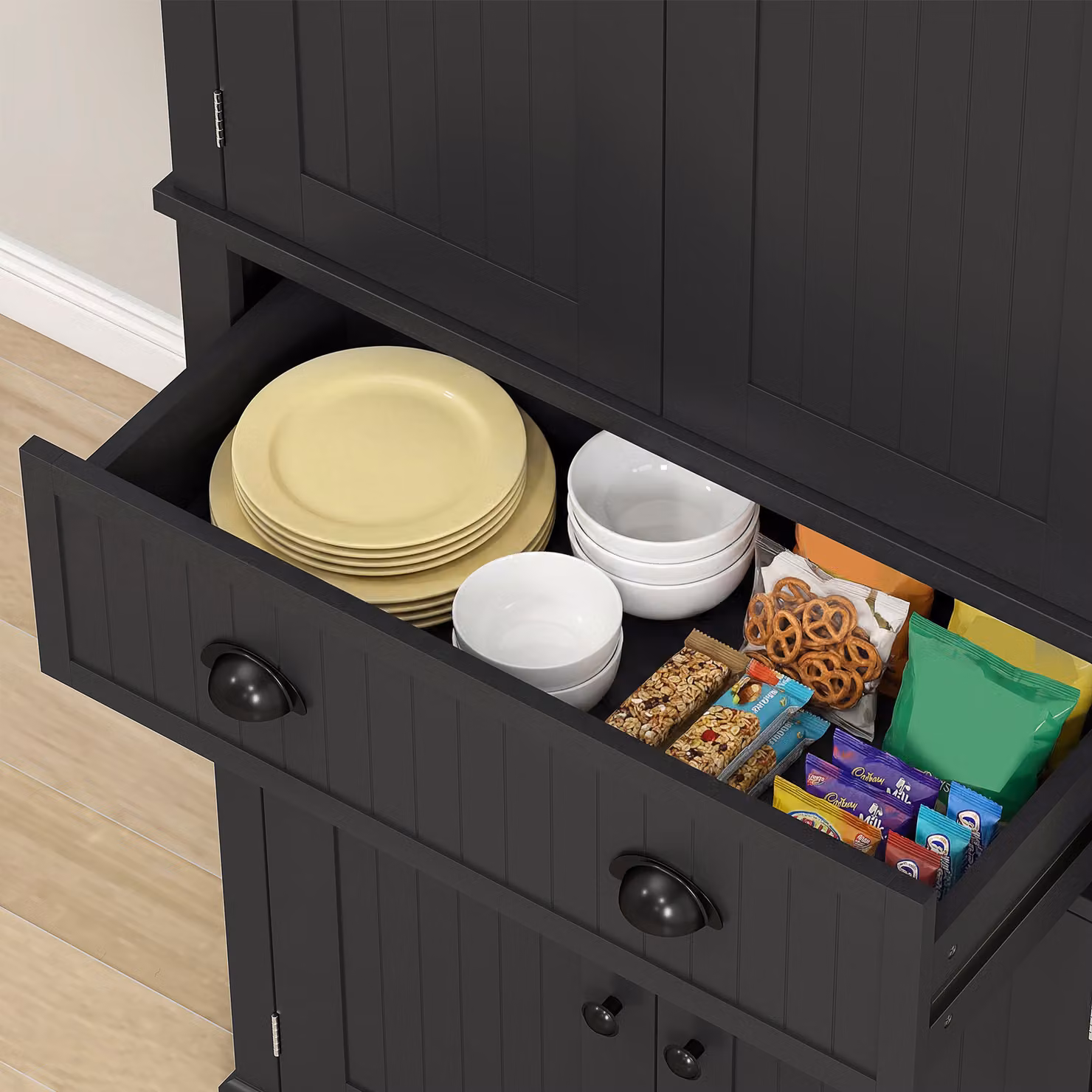 HOMCOM Black Kitchen Storage Cabinet with Drawer, Adjustable Internal Shelves and Hinged Doors, H 183.0 x W 76.2 x D 39.3 cm – 8