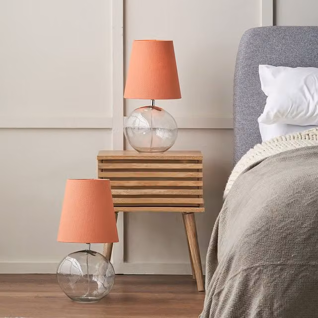 Set of 2 Pacific Lifestyle Hallie Glass Table Lamps with Fabric Shades in Orange and Transparent