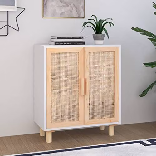 vidaXL Scandinavian Sideboard in White Solid Wood Pine and Natural Rattan, W/D/H: 60 x 30 x 70 cm – 2
