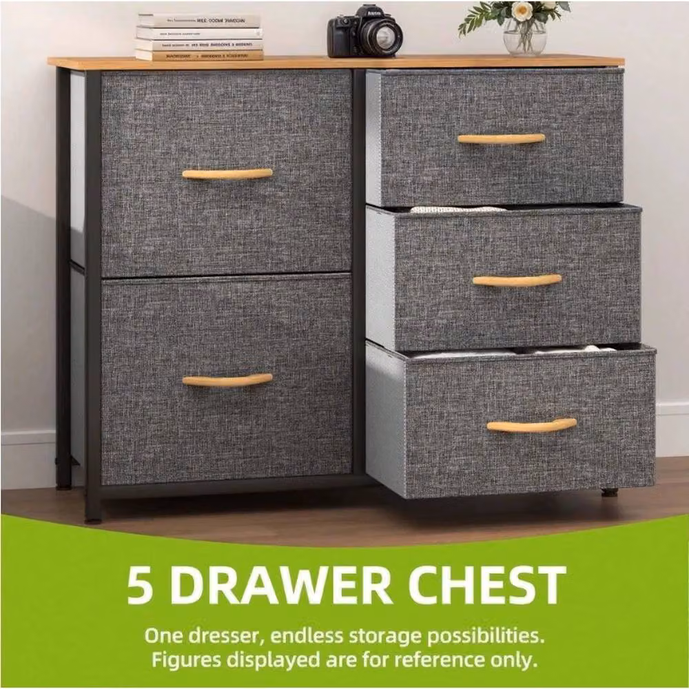 VOGREX 5 Drawer Fabric Storage Chest with Steel Frame and Wood Top in Dark Grey – 4