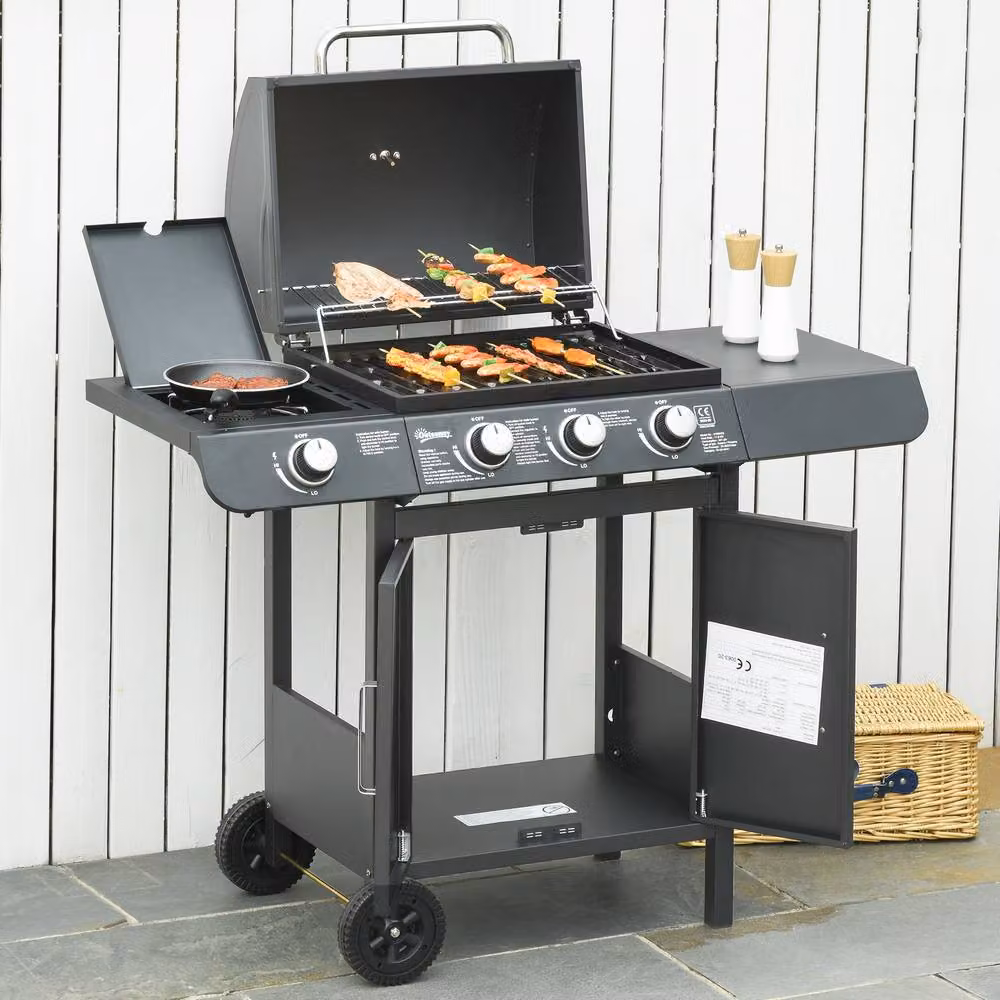 Rolipo 3+1 Burner Gas BBQ Grill Trolley with Cabinet and Side Burner in Grey – 4