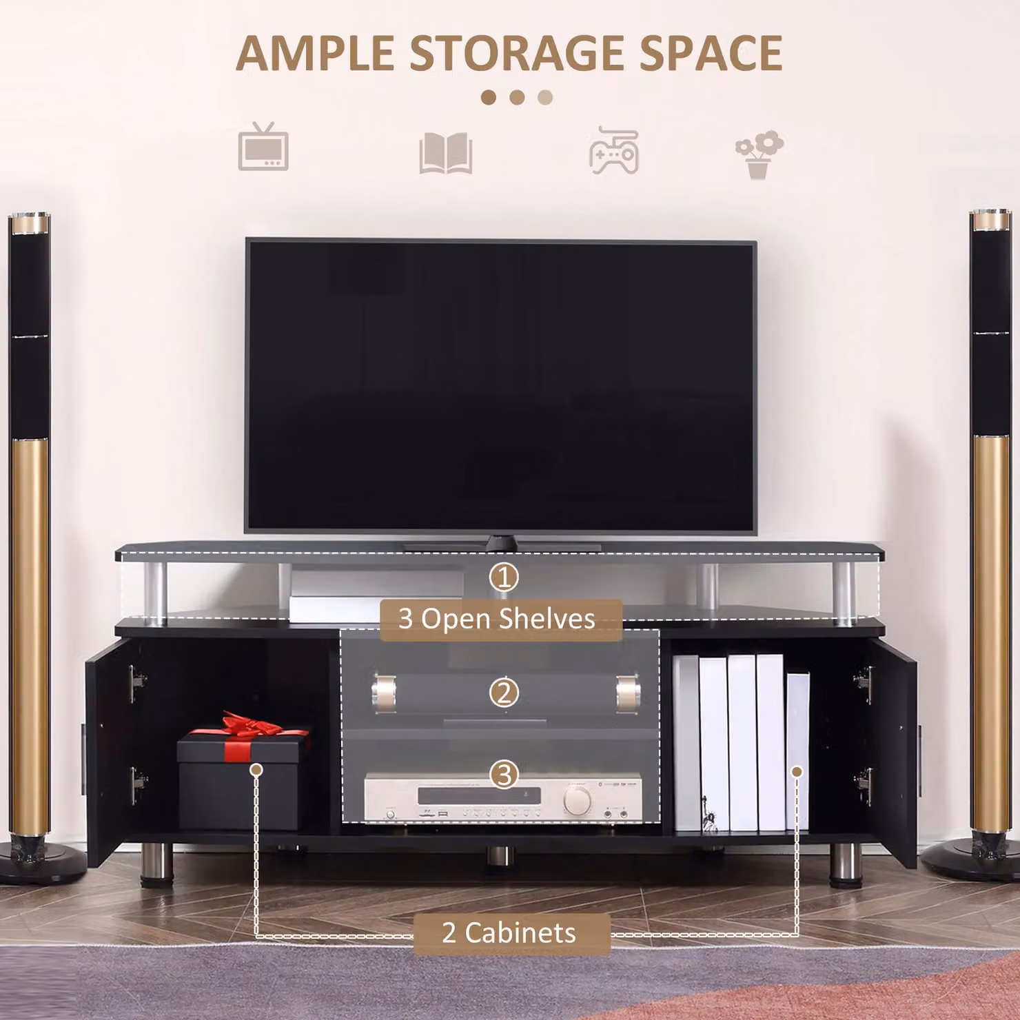 HOMCOM Modern Black TV Unit Cabinet with Storage Shelves and Matt Finish, W: 120 cm – 5