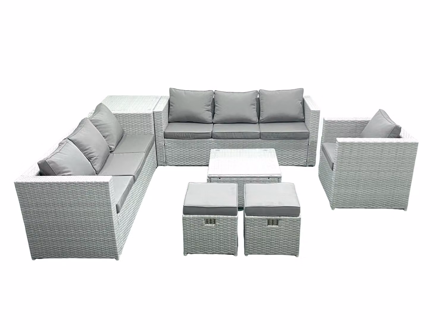 Fimous Wicker PE Rattan Garden Furniture Set in Light Grey with Armchair, Square Coffee Table, 2 Small Footstools and Side Table – 2