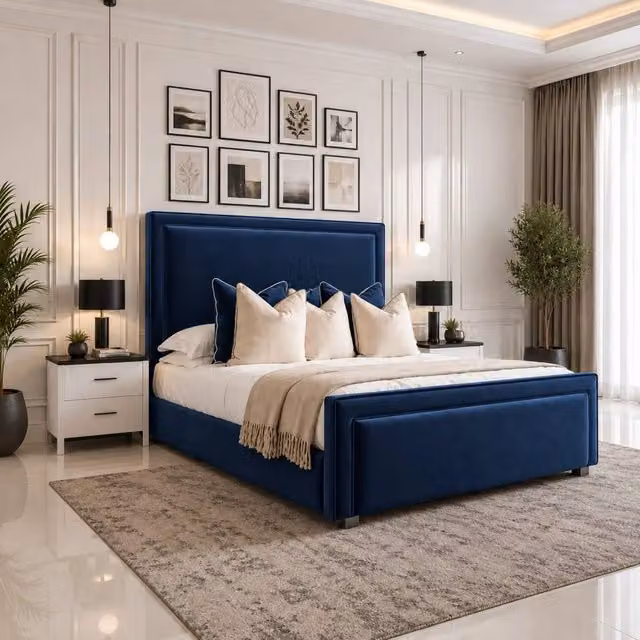 Velmora Blue Velvet Upholstered Divan Ottoman Storage Bed with Headboard, W/D: 90 x 200 cm