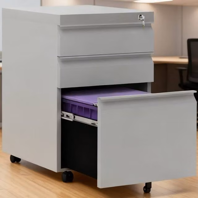 ERGOVEXA 3 Drawer Metal Filing Cabinet in Matt Grey with Lock and Castors, H: 60.0 cm, W: 39.0 cm, D: 40.0 cm