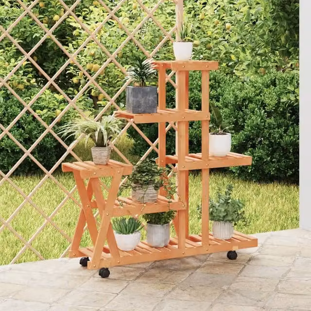 Berkfield Home Retro Flower Stand with Wheels in Brown Solid Wood, W/D/H: 95 x 25 x 101 cm