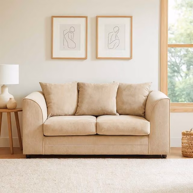 Furnishings For Less UK Casper Chenille 2 Seater Sofa in Beige with Scatter Cushions and Removable Covers