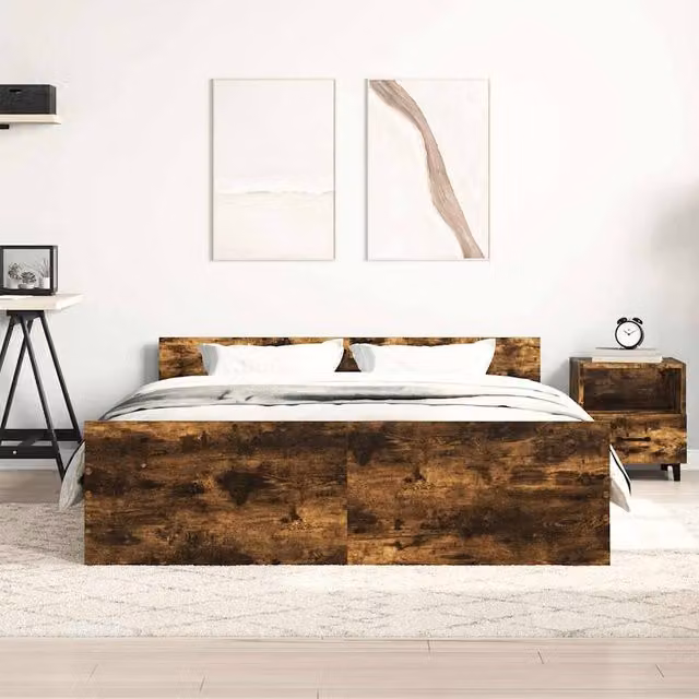 Berkfield Home Durable Bed Frame with Headboard and Footboard in Smoked Oak Brown, W/D/H: 140 x 200 cm