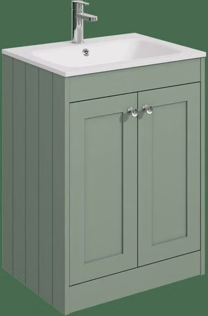 Balterley 600mm Floor Standing 2 Door Bathroom Unit with Stone Basin in Satin Green