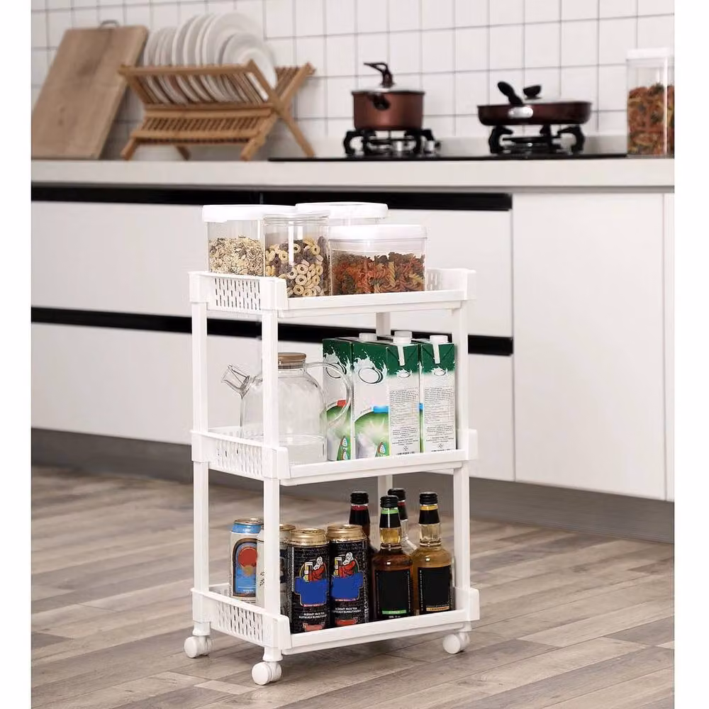KORVIXA Rolling Trolley Storage Unit with 3 Shelves in White, W/D/H: 61 x 36.5 x 28 cm – 4
