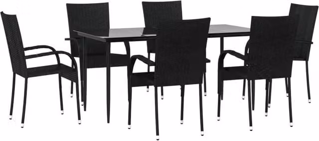 Berkfield Home Beautiful 7 Piece Black Poly Rattan Garden Dining Set with Glass Top and Steel Frame – 1