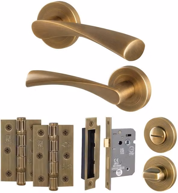 AFIT Antique Brass Bathroom Door Handle Rose with 80mm Lock and Hinges in Bronze, W/D/H: 15 x 15 x 1.5 cm – 1