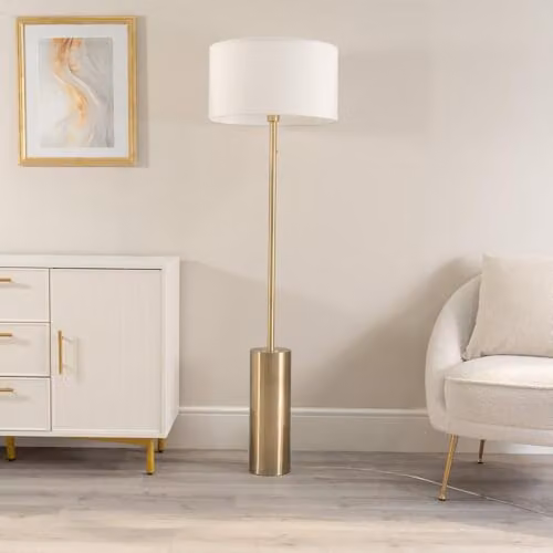 ValueLights Antique Brass Single Stem Floor Lamp with White Drum Shade and Dimmable LED Bulb – 2