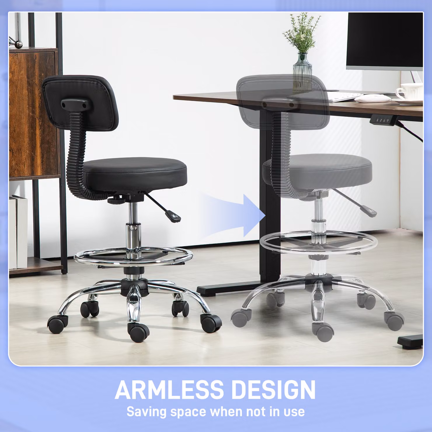 HOMCOM Black Faux Leather Draughtsman Chair with Footrest and 360 Degree Swivel – 6