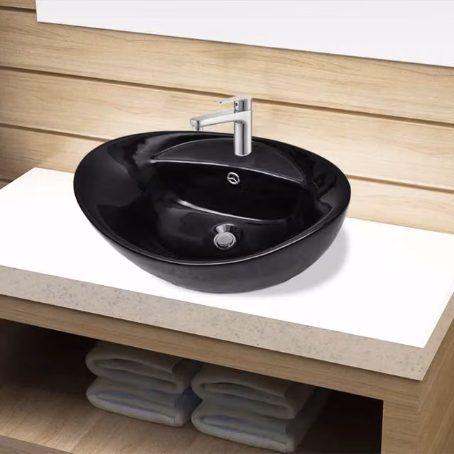 Berkfield Home Black Oval Ceramic Bathroom Sink Basin with Overflow