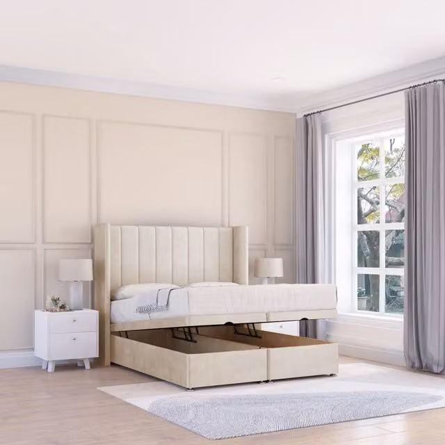 Sloomy Falcon Single Ottoman Bed with Sprung Memory Mattress and Winged Floorstanding Headboard in Beige