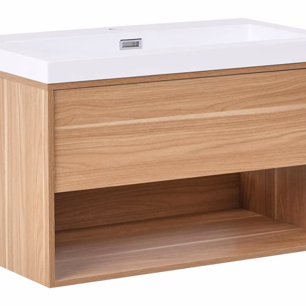 Wyld and Coco Wall-Mounted Vanity Unit with Integrated Basin, Light Brown Wood, Width: 80 cm – 2