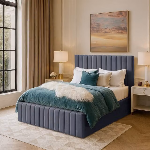 Desire Deco Emiliya Upholstered Velvet Bed Frame in Grey, W/D/H: 180 x 200 cm