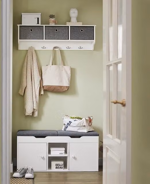 SoBuy White Shoe Storage Bench with 2 Folding Padded Fabric Seats and Adjustable Shelf