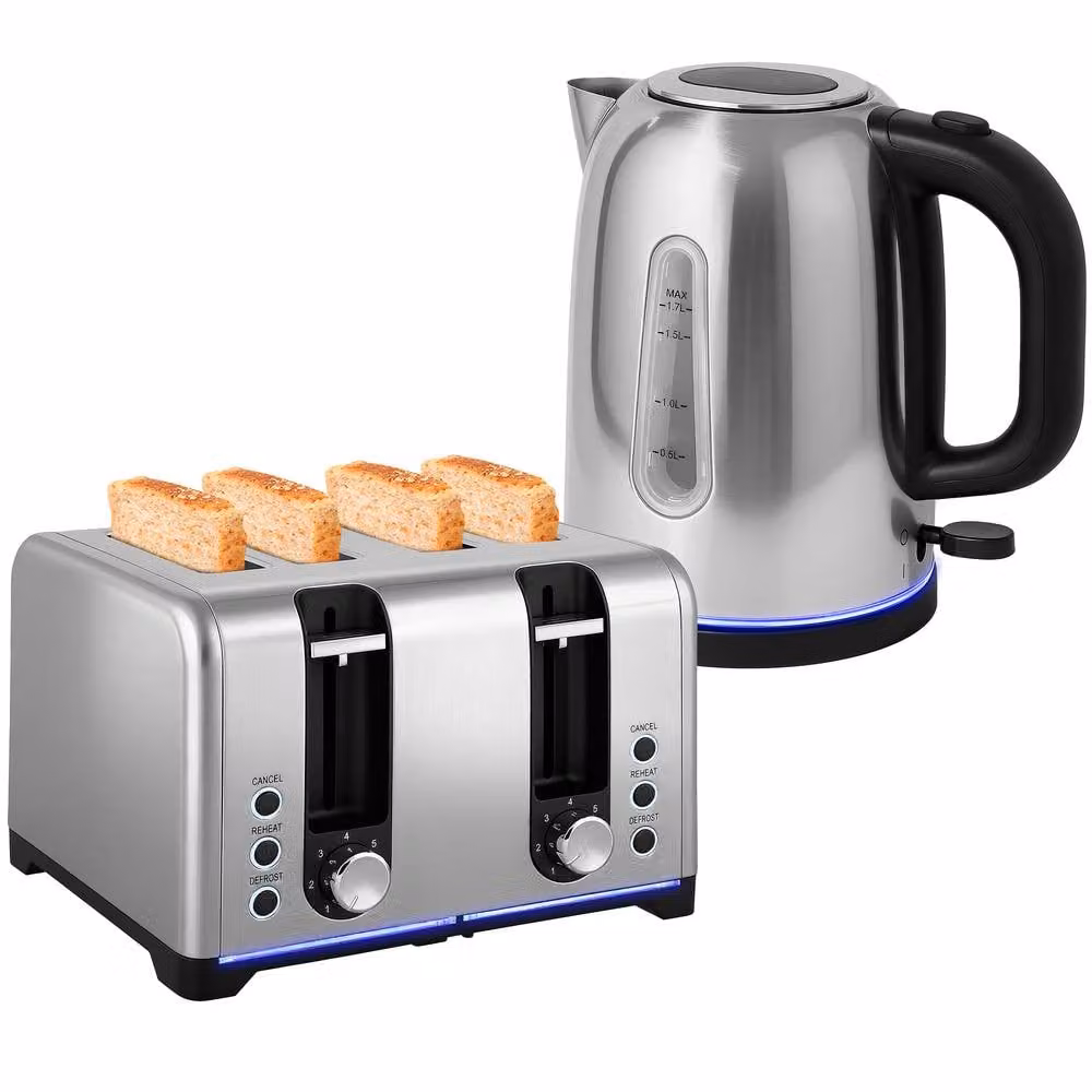 STILVORA Silver Kettle and 4-Slice Toaster Set in Stainless Steel – 4