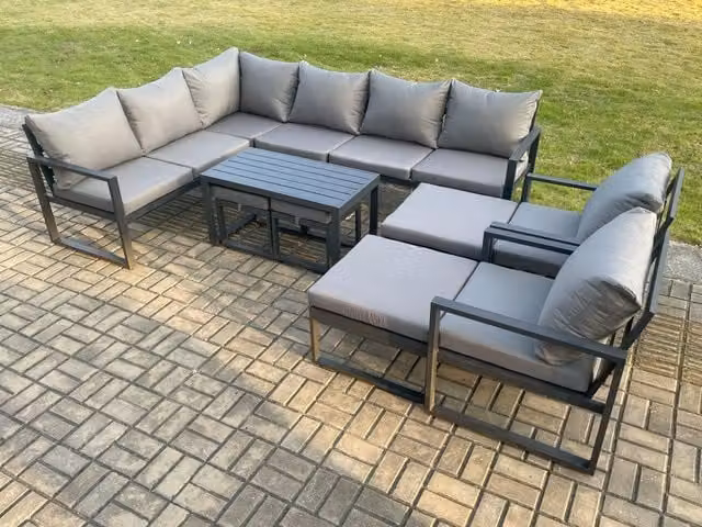 Fimous Dark Grey Aluminium Outdoor Garden Furniture Set with L-Shape 3-Seater Sofa, Oblong Coffee Table and Three Footstools
