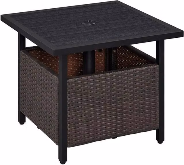 KORVIXA PE Rattan Garden Table in Dark Brown with Patio Umbrella Hole, W/D: 100 x 100 cm