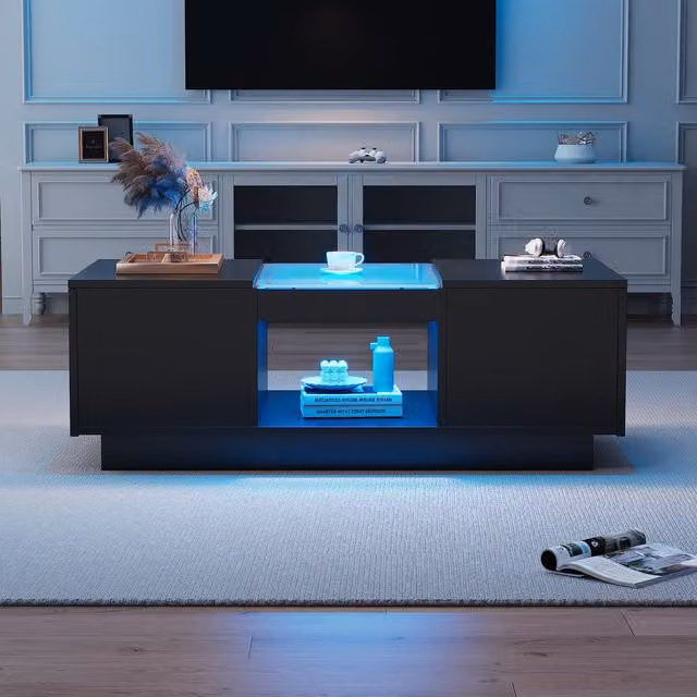 Aosom.UK Modern 2-Tier Coffee Table with App-Controlled LED Lights and 2 Drawers in Black, W: 100 cm, D: 50 cm, H: 35.5 cm – 1