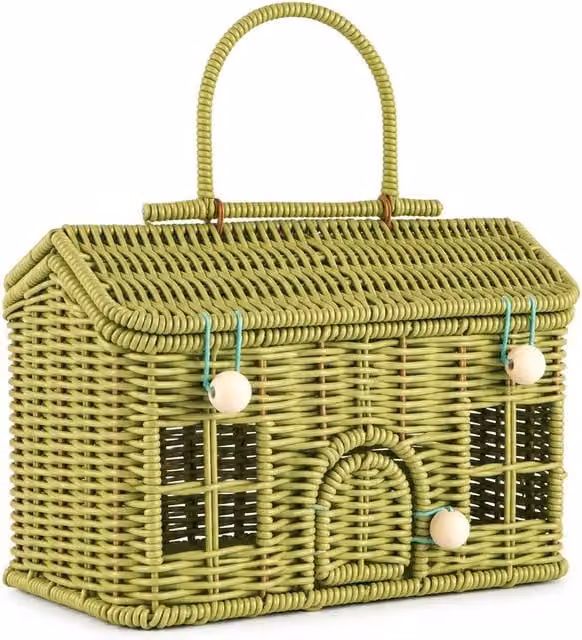 FLAVORA Green Rattan House-Shaped Wicker Picnic Basket with Handles – 1