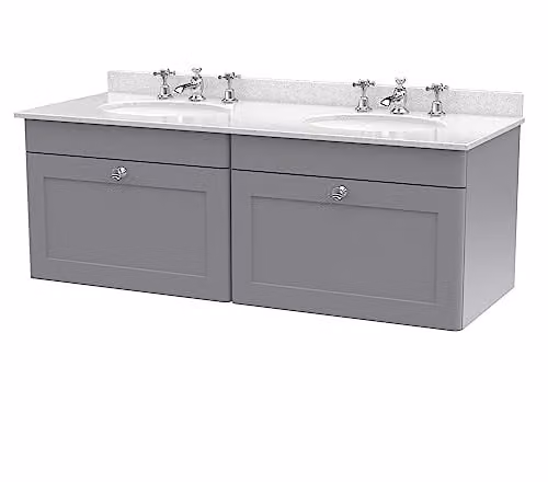 nuie Classique Traditional Wall Hung Bathroom Vanity Unit with 2 Drawers, 3 Tap Hole Marble Top and Round Basin, Satin Grey and White, W: 122 cm, D: 50.9 cm, H: 47 cm