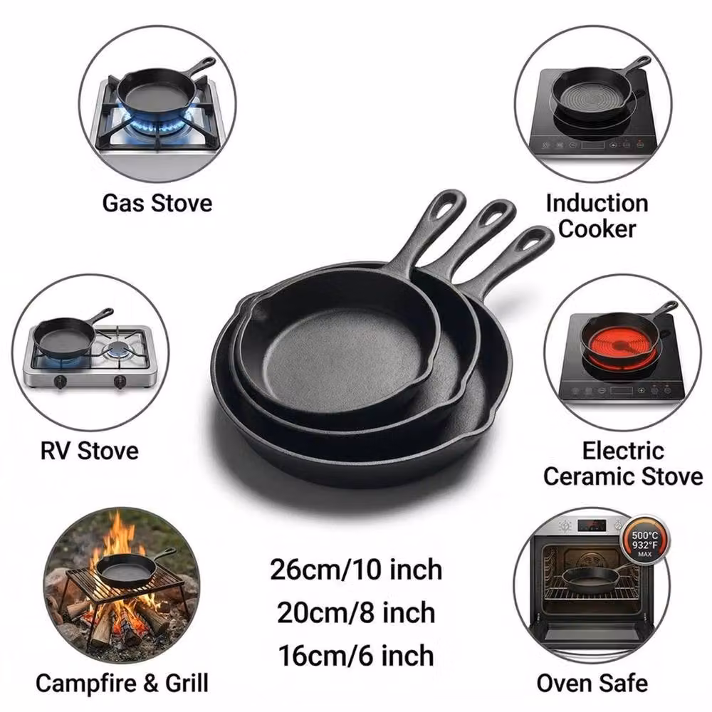 VOGREX 3 Pack Pre-Seasoned Cast Iron Grill Pan Cookware Set, Black – 3