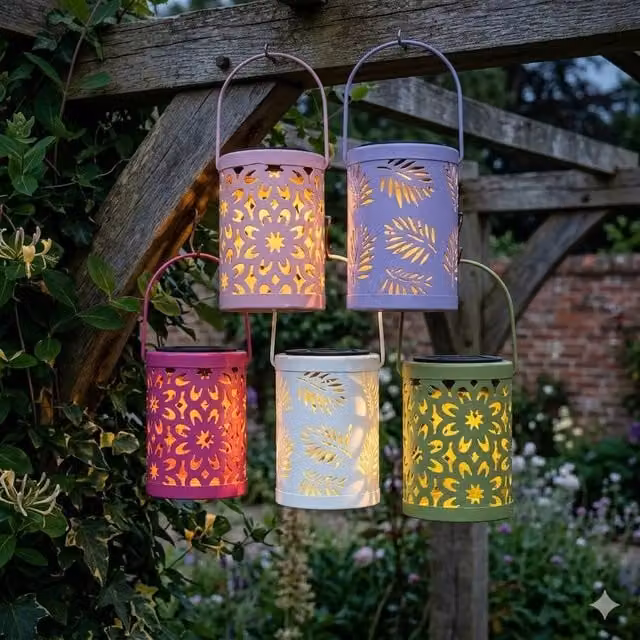 Voltico Set of 5 Solar Ornate Metal Cutout Lanterns in Multi-Coloured Glow – 1
