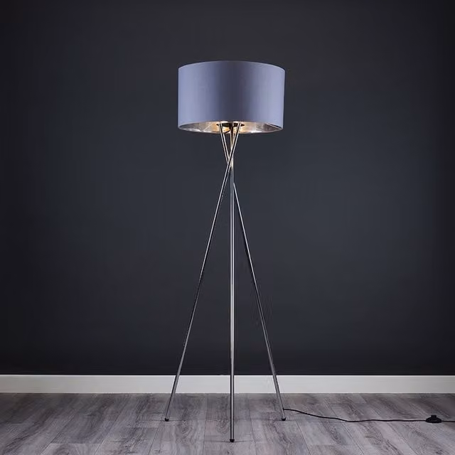 ValueLights Camden Chrome Tripod Floor Lamp with Silver Inner Shade and Bulb in Grey