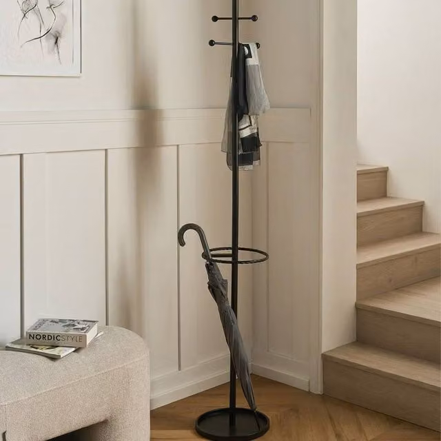 Wyld and Coco Black Matt Steel Freestanding Coat Rack and Umbrella Stand, Height: 180 cm