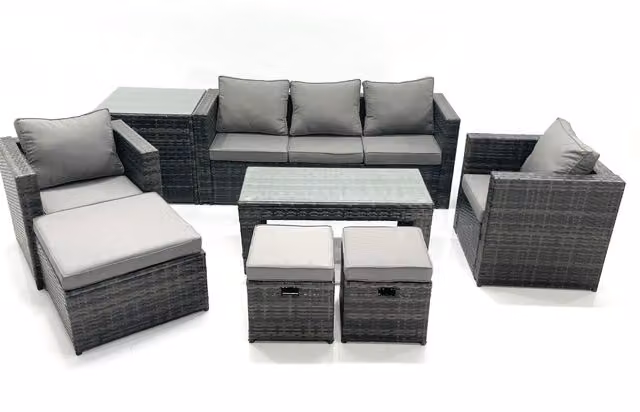 Fimous 8 Seater Rattan Garden Furniture Set in Dark Grey with 3 Seater Sofa, 2 Armchairs, Coffee Table and 3 Footstools