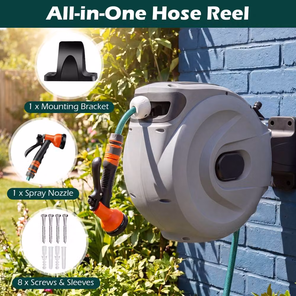 Gymax Grey Wall-Mounted Retractable Hose Reel with Auto-Rewind, 1/2 Inch, 20m + 2m – 9