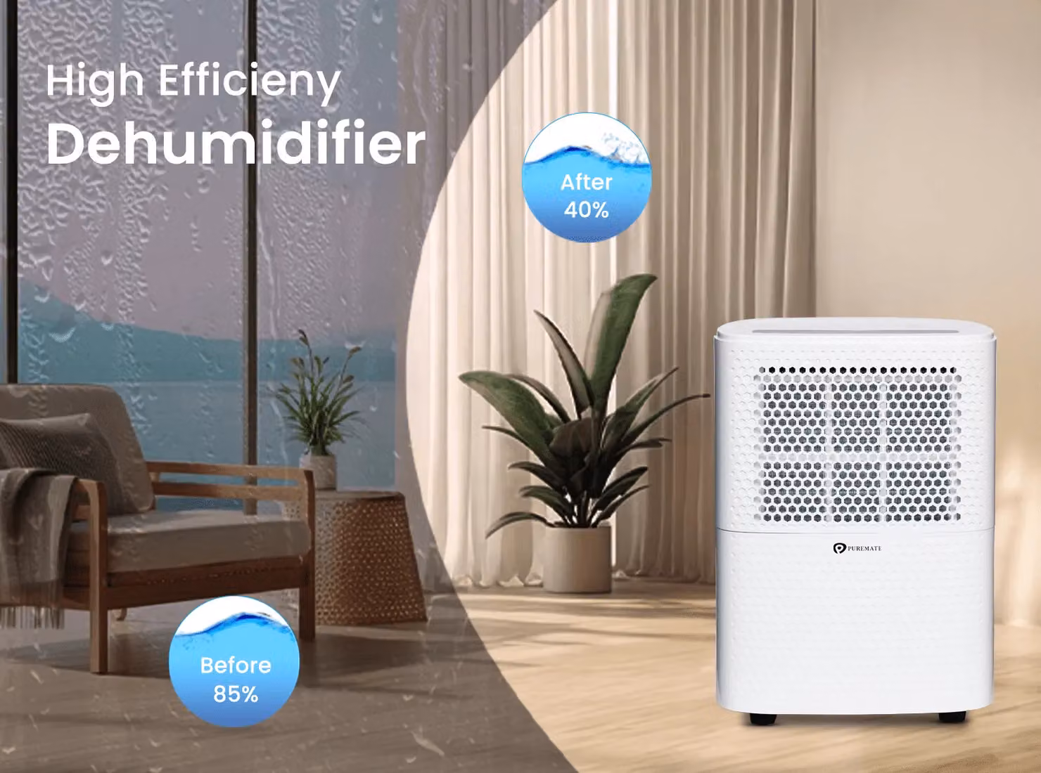 PureMate White Dehumidifier and Air Purifier with 12L Daily Capacity, Digital Humidity Display, Continuous Drainage and 24-Hour Timer – 7