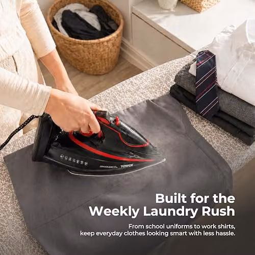 Tower Steam Iron with Ceramic Non-Stick Soleplate and Anti-Calc System, Red and Black – 4