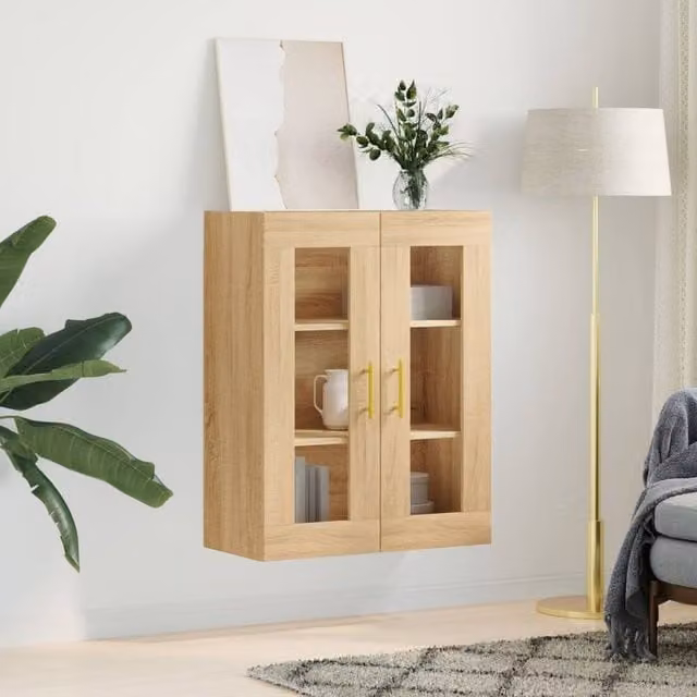 Berkfield Home Wall Mounted Sonoma Oak Cabinet with Glass Doors in Brown, W: 69.5 cm, D: 34 cm, H: 90 cm