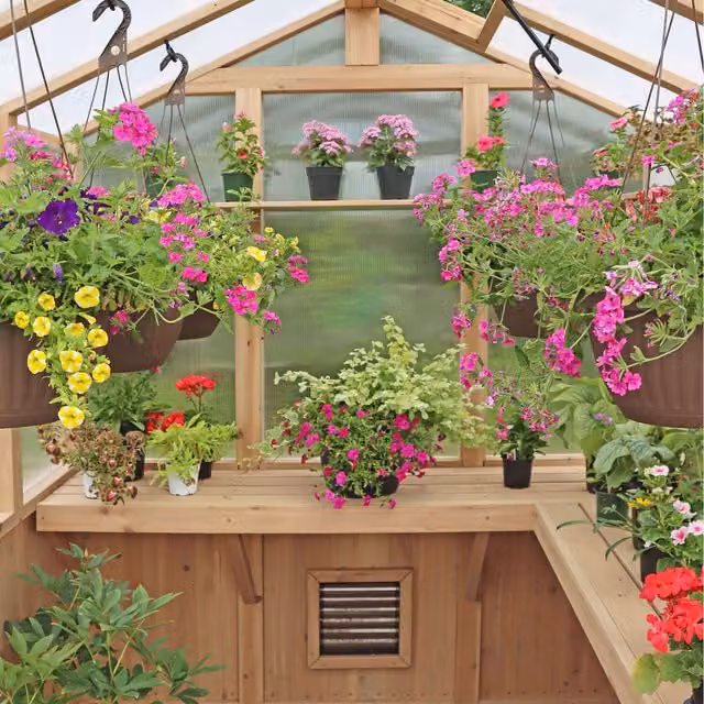 Yardistry Direct UK Meridian Series 52ft Wooden Greenhouse with Polycarbonate Panels and Shelving in Brown