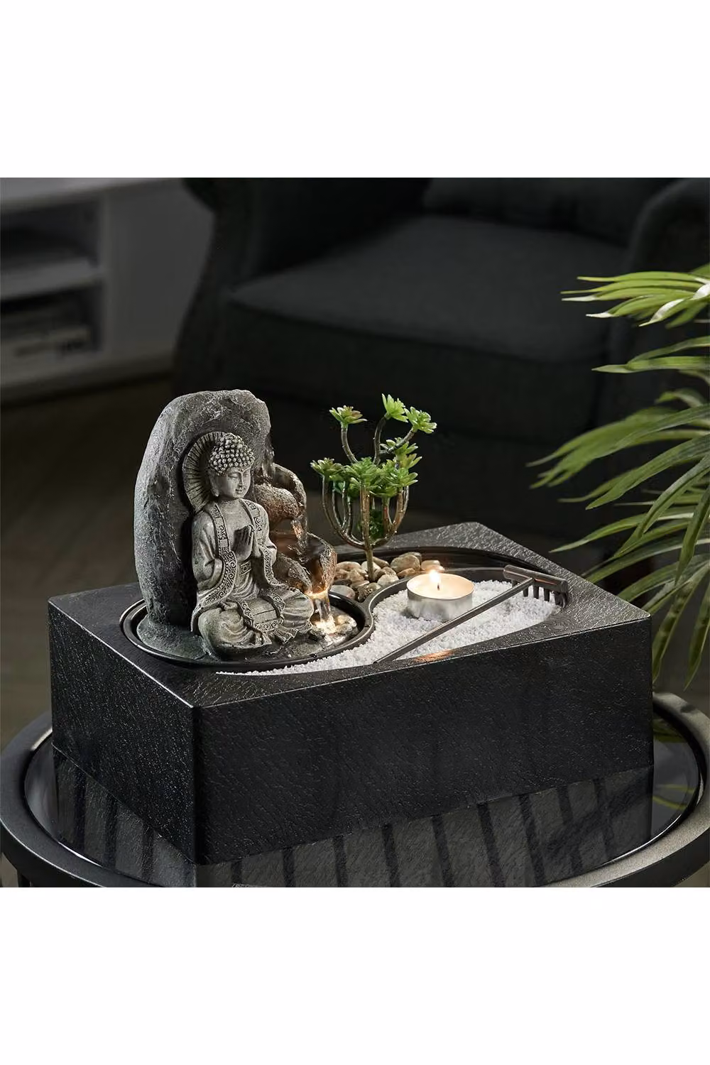 Living and Home Buddha Zen Tabletop Water Fountain with LED Light in Sand – 2
