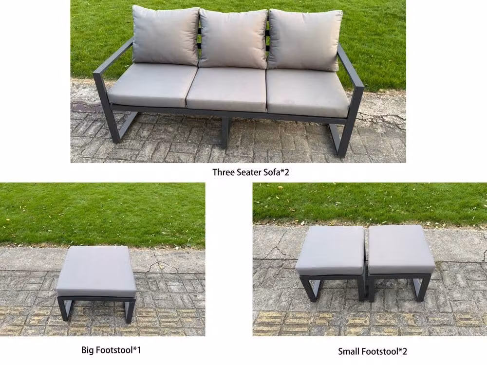 Fimous 6-Piece Powder Coated Aluminium Outdoor Sofa Set in Dark Grey with Lifting Table, Cushions and Ottomans – 2