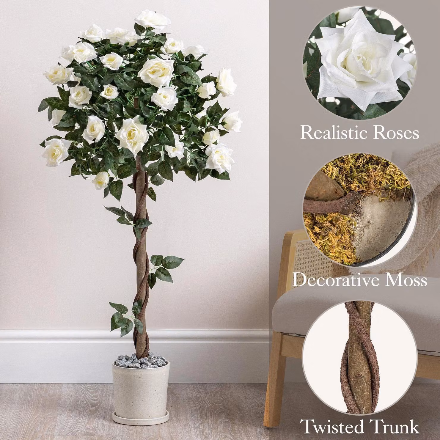 Christow Artificial Rose Tree Potted Indoor Outdoor Wedding Floral Decoration in Beige, Pink and White, Height: 93 cm – 4