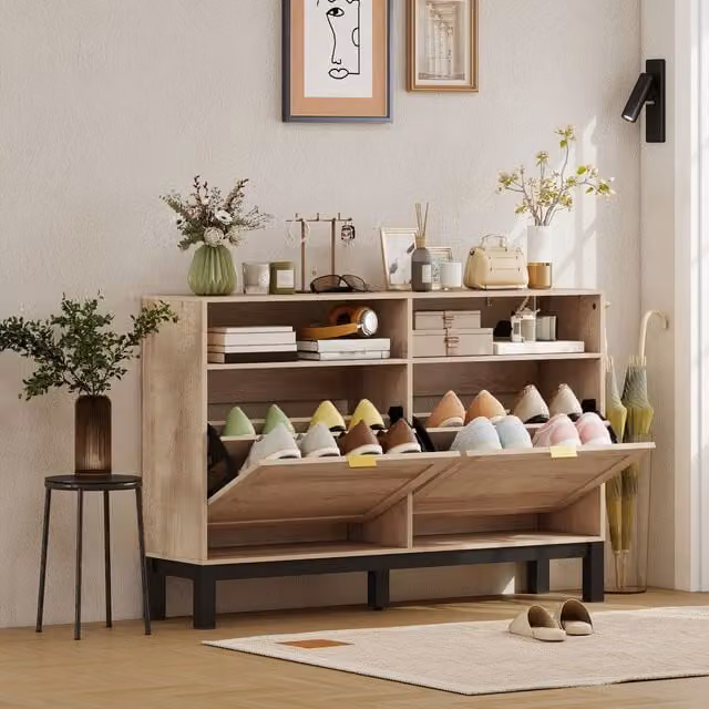 HOMCOM Narrow Walnut Brown Shoe Storage Cabinet with 2 Tilting Drawers
