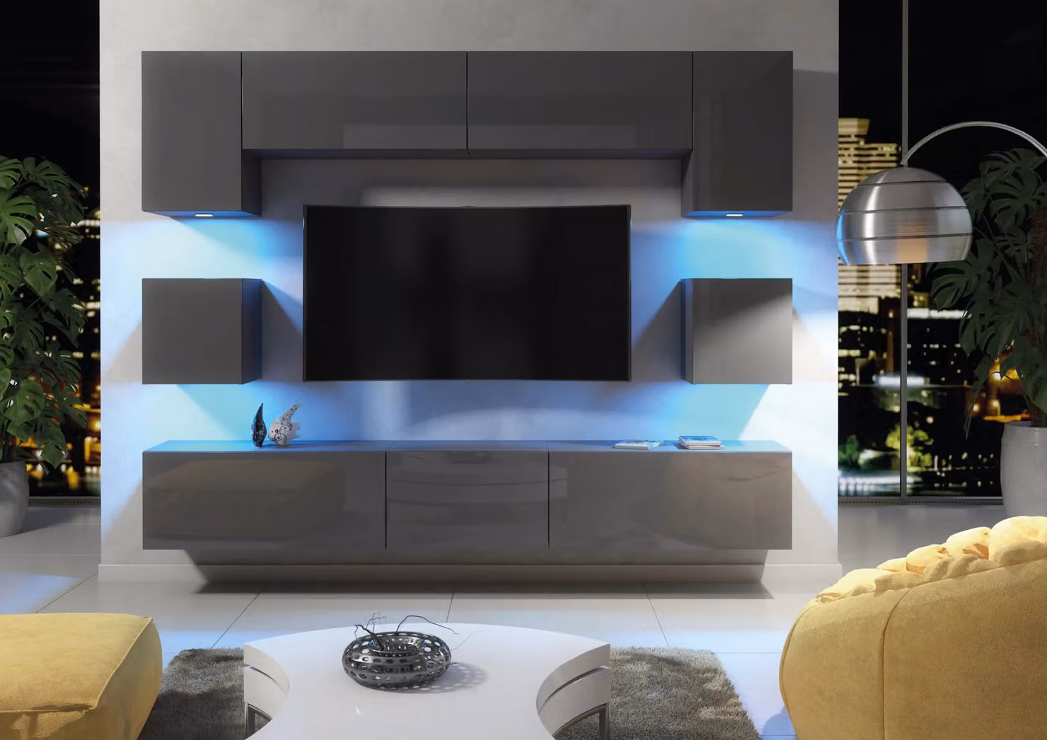 Mex Furniture LTD Modern Glossy TV Wall Unit with Integrated LED Lighting and Hinged Doors in Grey, W: 242 cm, H: 35 cm, D: 207 cm – 2